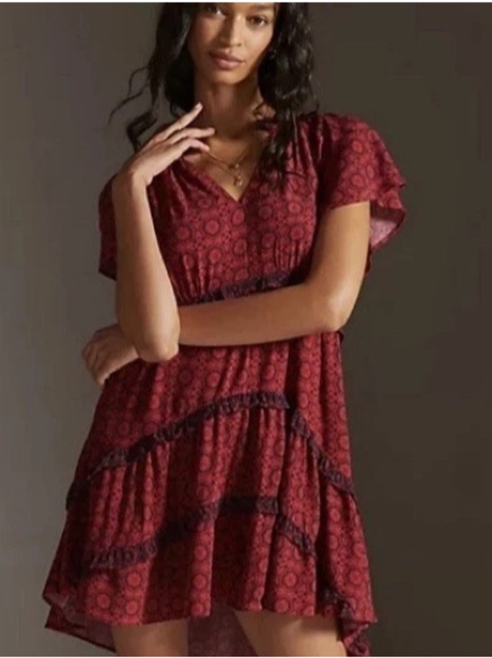 Anthropologie Robin Tiered Viscose Mini Dress Lrg Vibrant Red Medallion Flutter
